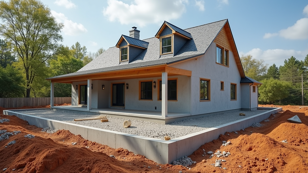 Wide angle view of a residential construction site with foundation work underway