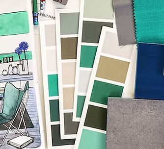 Moodboard de décoration intérieure avec échantillons de matériaux et palette de couleurs.