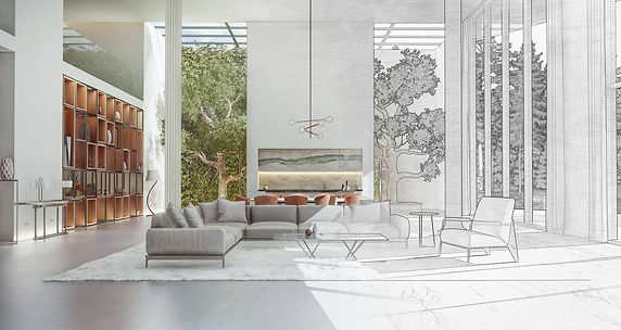 Concept d’aménagement intérieur illustrant la transformation d’un salon moderne.