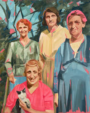 A brightly coloured oil painting of four sisters in old fashioned clothes, one of them holding a cat