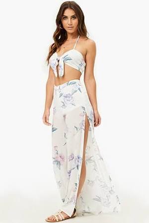 Forever 21 Floral Print Crop Top & Pants Set White