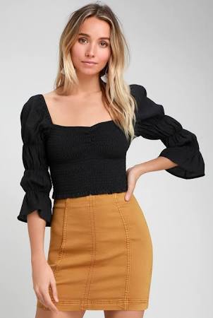 Savia Black Smocked Puff Sleeve Crop Top Lulus