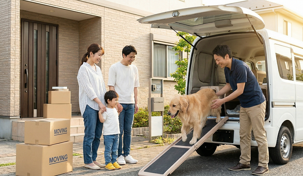 お届け先で車から降りる犬