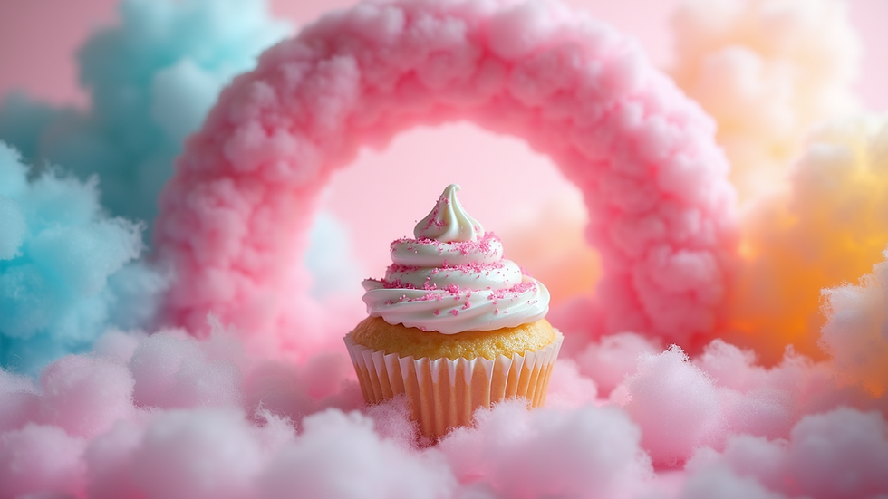 Eye-level view of a whimsical cupcake mountain with a cotton candy tunnel