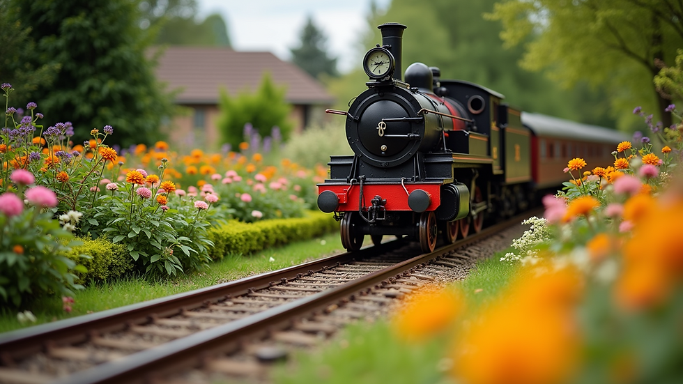 Eye-level view of a G gauge train winding through a vibrant garden