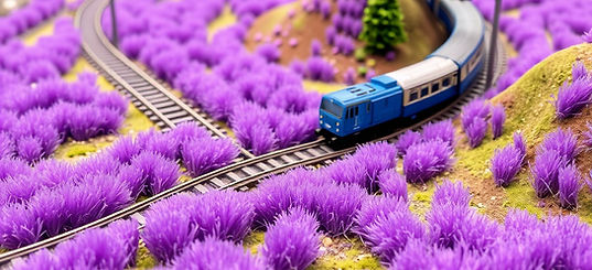 fantasy model train track with purple gr