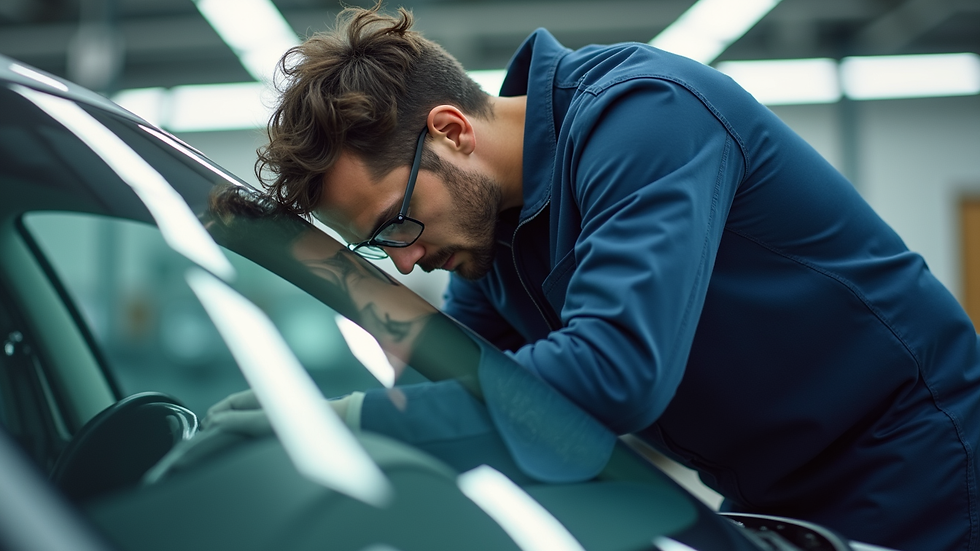 Close-up view of a technician repairing a car windshield