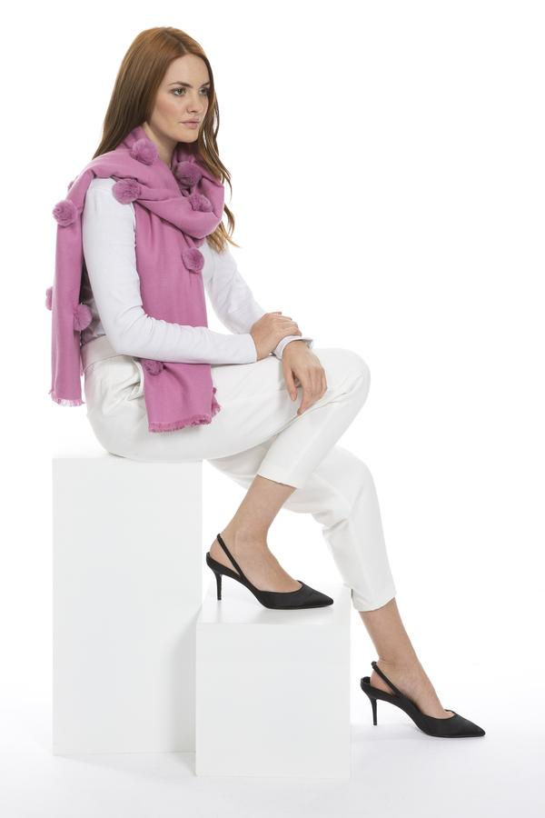 Pink Cashmere Faux Fur Pom Pom Wrap scarf with pearls