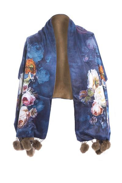 Blue Floral Silk and Cashmere Blend Wrap with Fur Pom poms