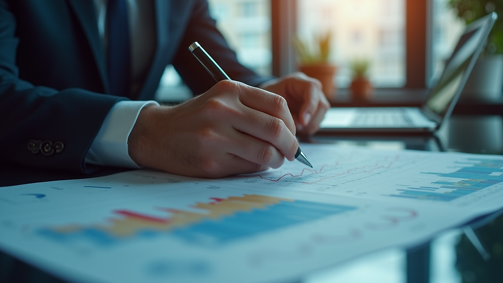 Eye-level view of a business professional analyzing financial data