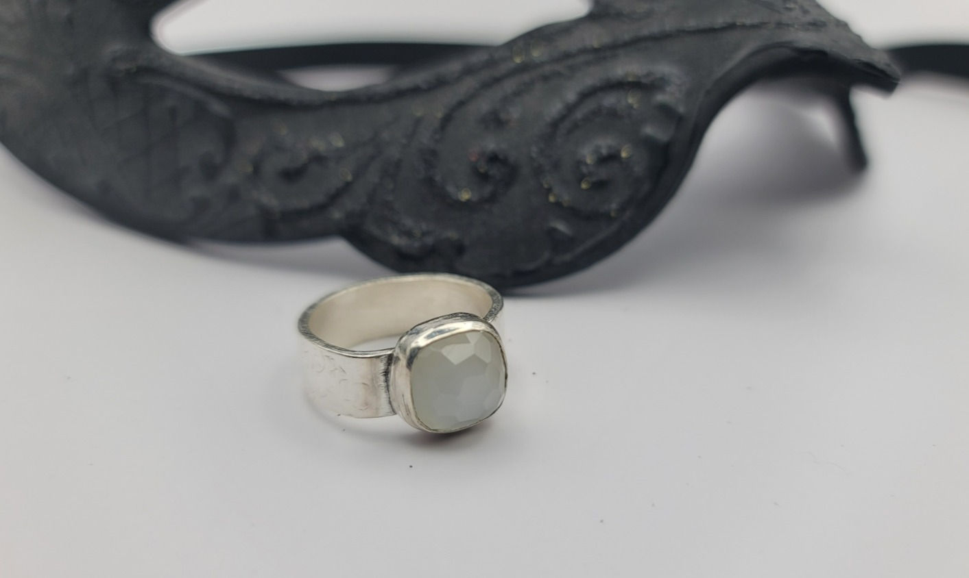 White Moonstone Ring-Textured Band