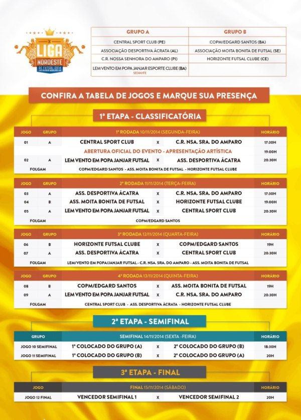 TABELA DE JOGOS X LIGA NORDESTE DE FUTSAL