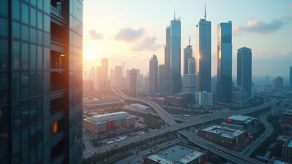 Close-up view of a city skyline showing new business developments