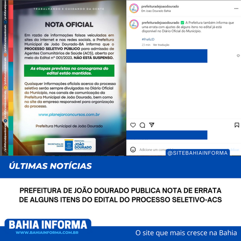 Prefeitura de João Dourado publica nota de errata de alguns itens do edital do processo seletivo-ACS