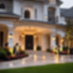 give a ground of people electrical service working on the light set up outside a luxury ho