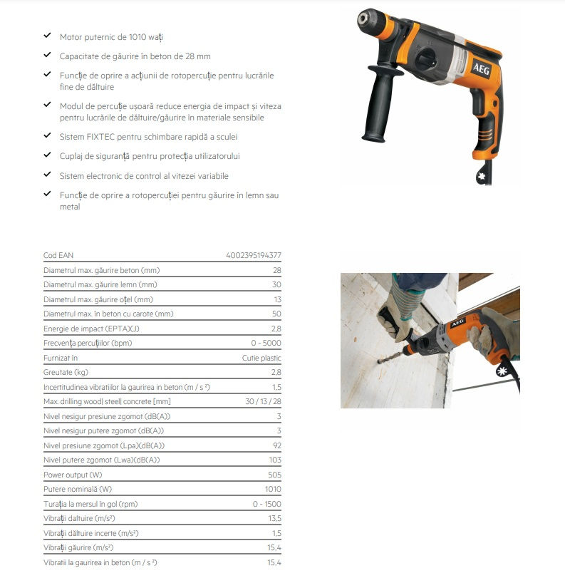 Miniatură: Ciocan Rotopercutor AEG SDS-PLUS model KH 28 Super XE