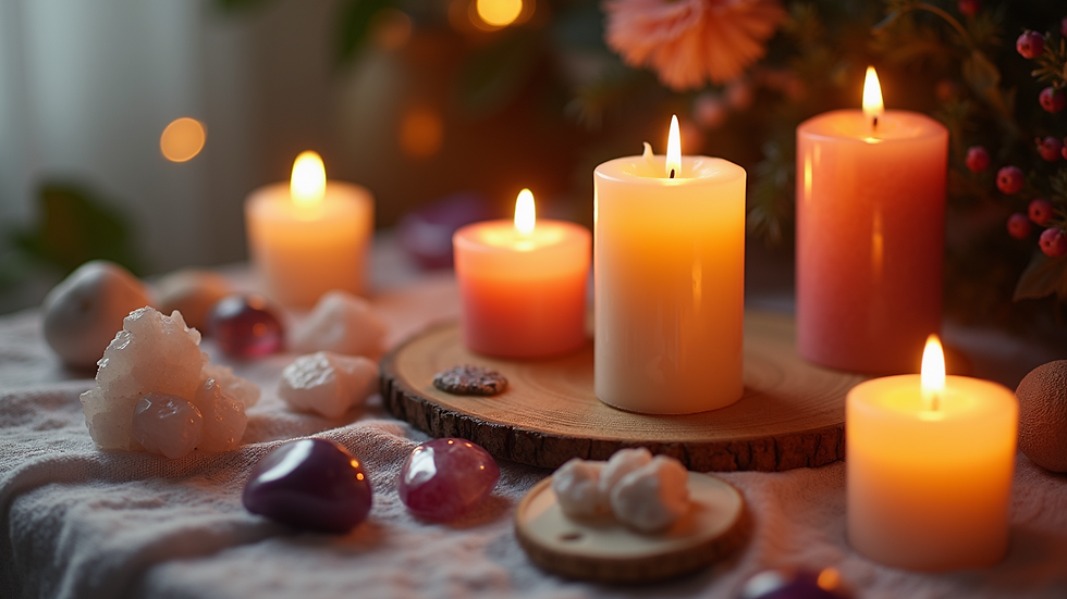 Close-up view of a vibrant altar with candles and crystals for spiritual practice
