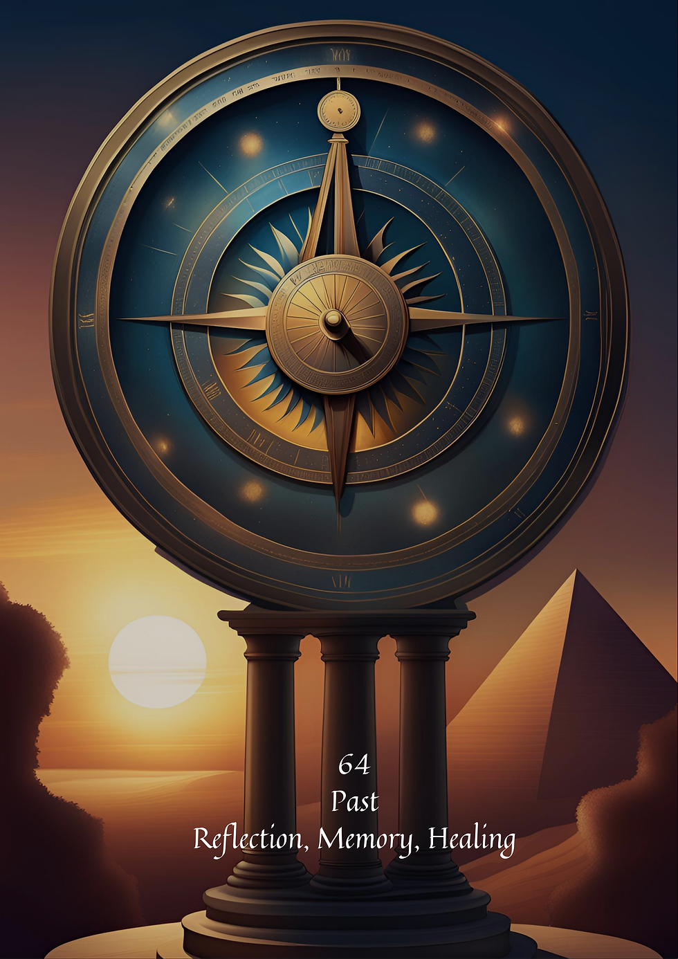Ornate compass, 64 Past, sunset backdrop