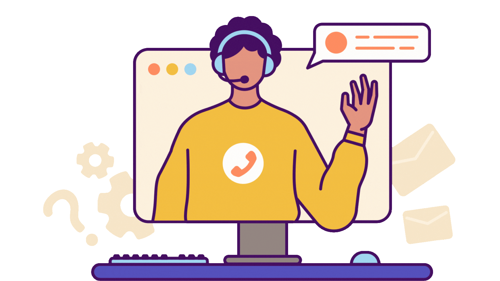 Animated illustration of a friendly customer service agent on a call, waving, with floating icons of phone calls, messages, a