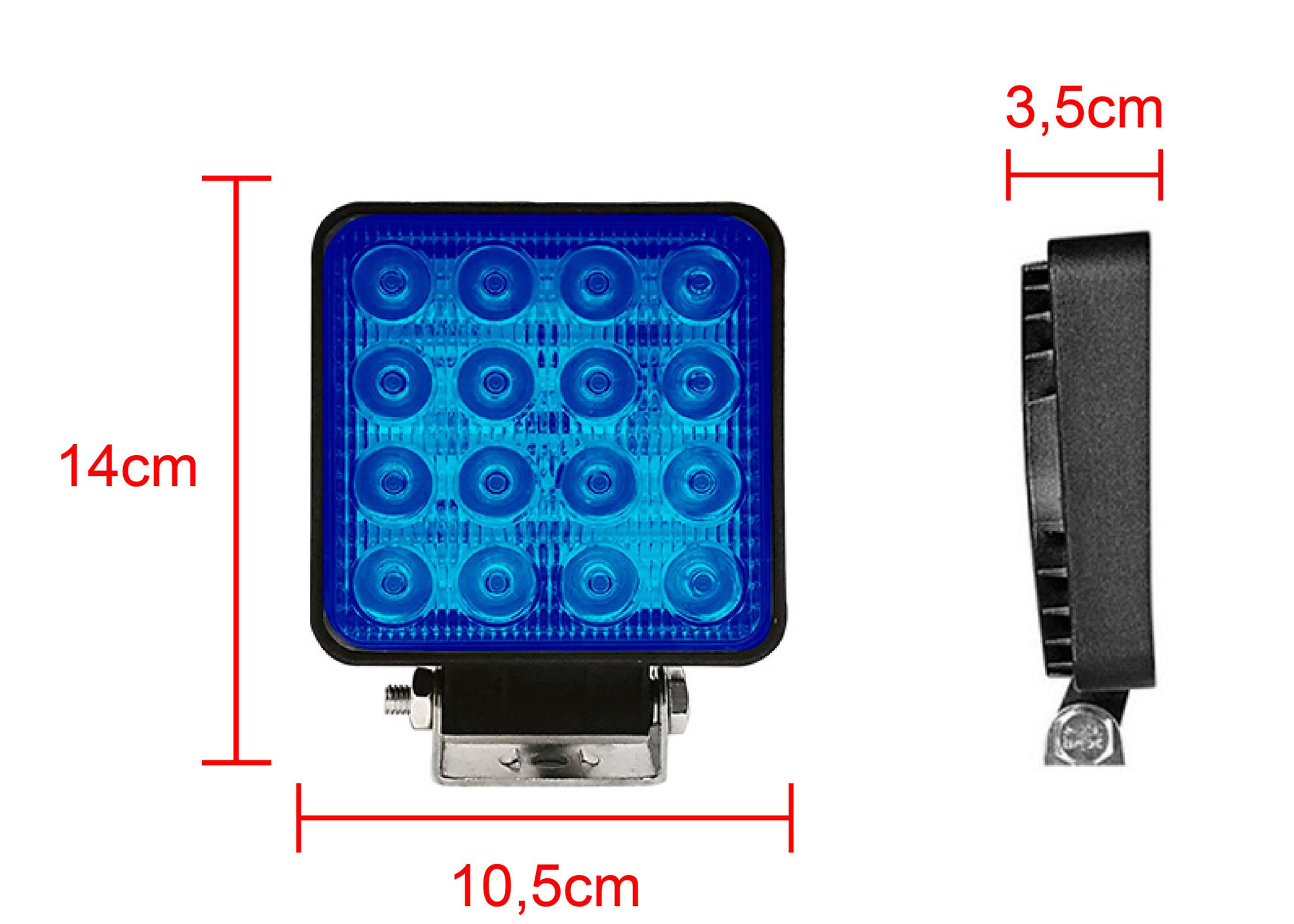 FAROL DE MILHA QUADRADO 16 LEDS 48W AZUL 11CM