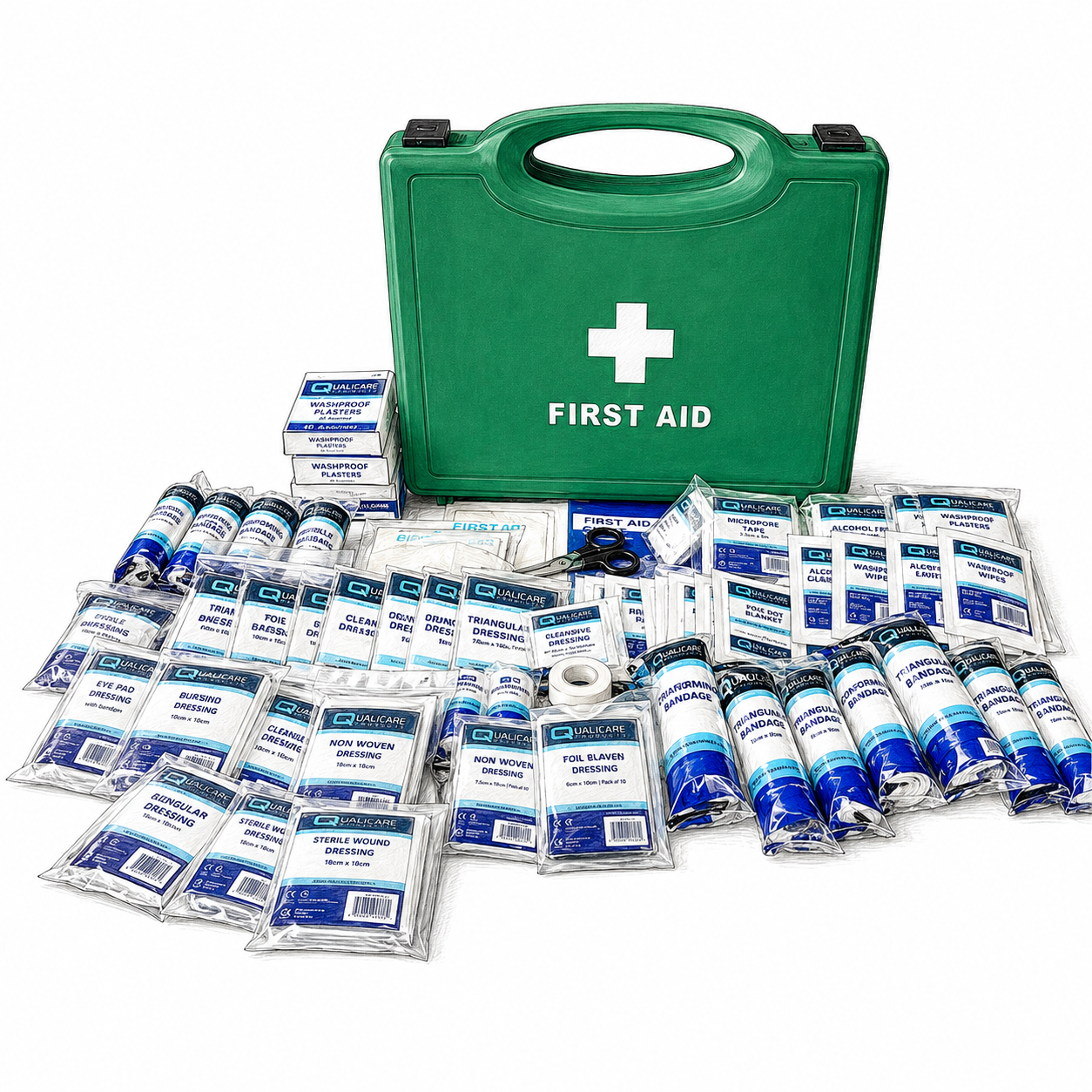 Large workplace first aid kit with green case, dressings, bandages, plasters, gloves and essential supplies.