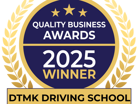 Quality Business Awards 2025 Winner badge featuring a gold laurel wreath and stars, with text recognising DTMK Driving School as the award winner.