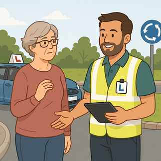 Driving test examiner speaking with a learner driver beside a training car before or after a driving test.