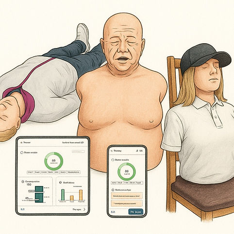 Illustrated first aid scenarios showing different unconscious casualty positions, including a person lying on the ground and another seated, alongside monitoring and assessment displays.