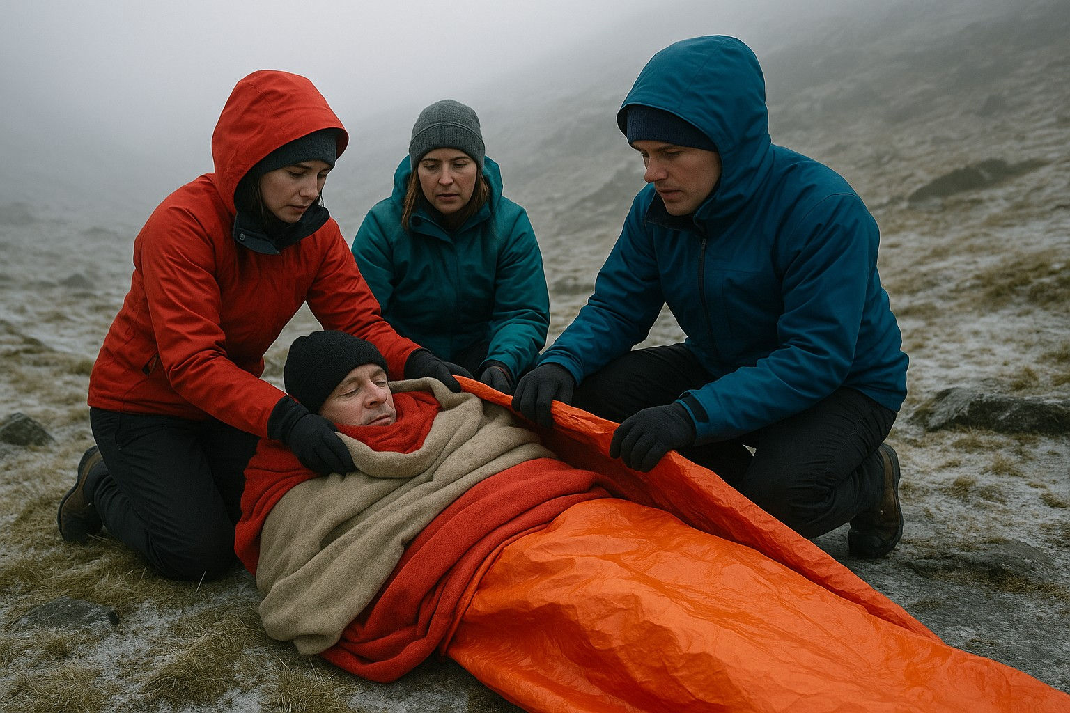 Group of people providing emergency first aid outdoors, wrapping a casualty in blankets and a survival bag to prevent hypothermia in cold weather.