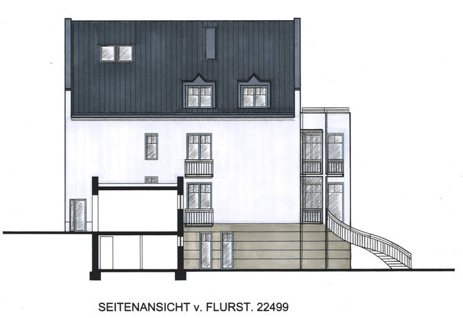 Entwurfsskizze Villa Cornelius Seitenansicht