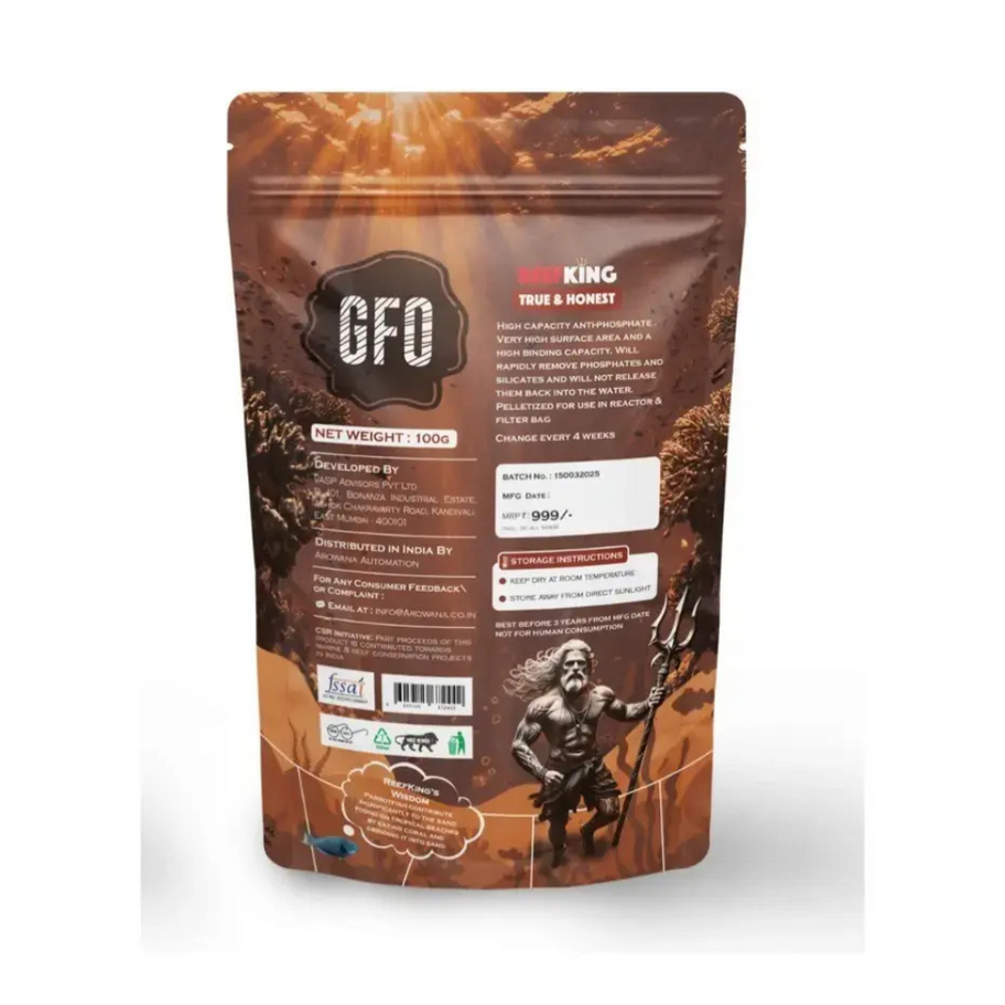 Bag of GFO ReefKing, with product info on the back panel.