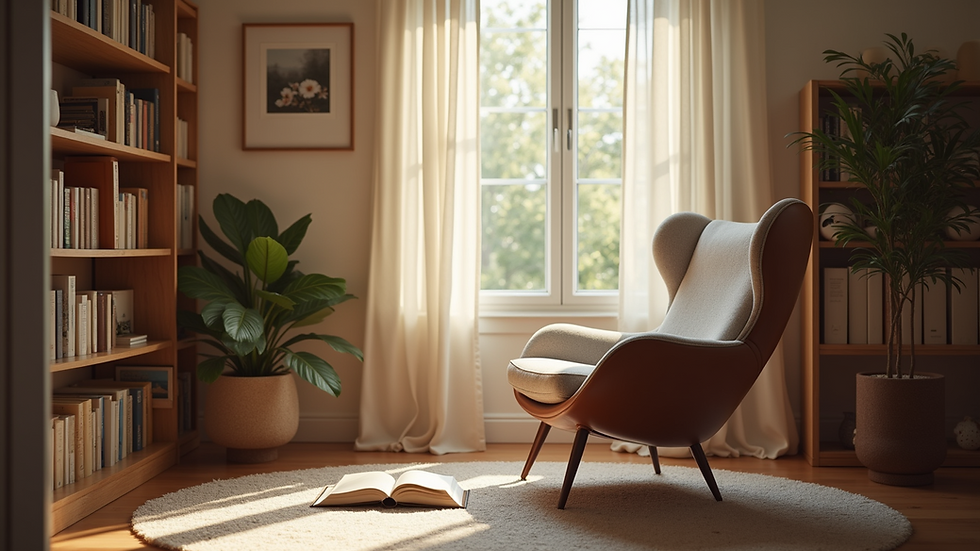Close-up view of a cozy reading nook with soft lighting