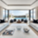 A wide-angle, breathtaking photograph of a high-end, contemporary coastal living room in t