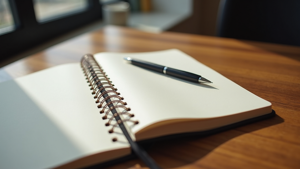 High angle view of a journal and pen resting on a wooden table