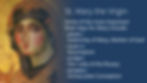 St. Mary with text listing feast days: January 1, August 15, October 7, December 8, against a blue background.