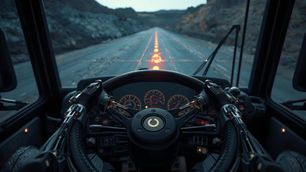 Steering wheel view of a driving robot in a futuristic mining haul truck. Glowing orange lights on road in an open pit mine.