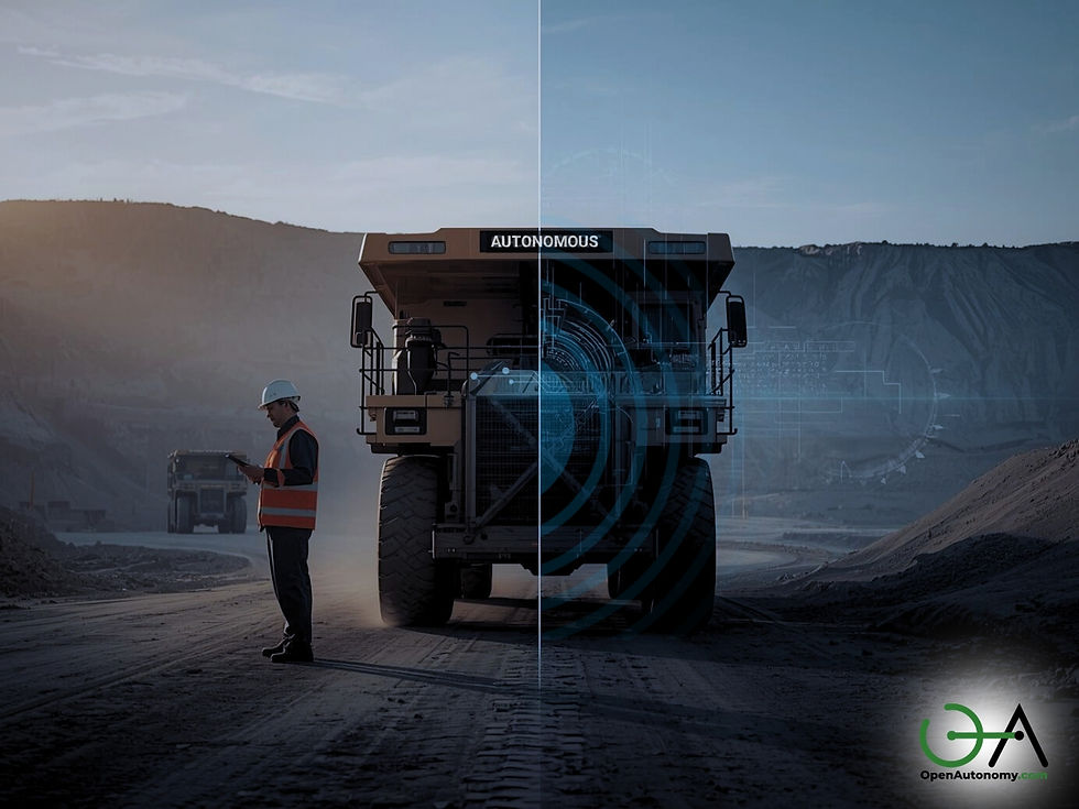 A person in a safety vest stands near a large autonomous truck in a quarry. Text "AUTONOMOUS" on truck. Horizon shows rugged terrain.
