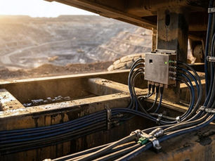 Cables connect to a metal junction box on dusty industrial equipment, with a vast mining pit in the sunlit background. Dirt and rugged textures.
