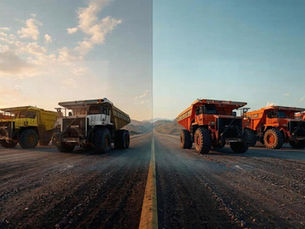 Six large dump trucks on a wide road, one yellow, one white, and four orange, under a bright sky with scattered clouds, evoking a sense of industrial strength.