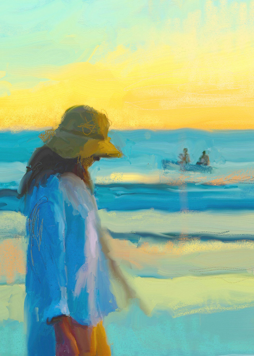 Thumbnail: Woman walking along a beach during sunset with blue and yellow hues.