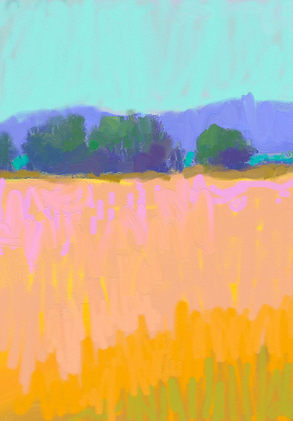 Thumbnail: Up close abstract artwork featuring marsh grasses and trees under bright blue sky