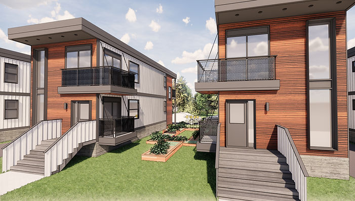 During the building boom of the 20th century, lots were divided into smaller and smaller parcels to maximize the density of urban neighborhoods. Today, many are virtually unbuildable due to their narrow dimensions. Good thing two shipping containers side by side are only 16' wide and can fill these challenging lots with room to spare! 

This project is a proposal that groups clusters of these two-story, two-unit apartments in pairs that can share a common drive between them, allowing a side yard between units. 