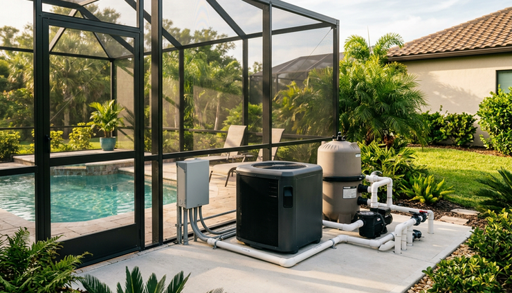 Eye-level view of a clean pool equipment area with a heat pump beside a screen enclosure.