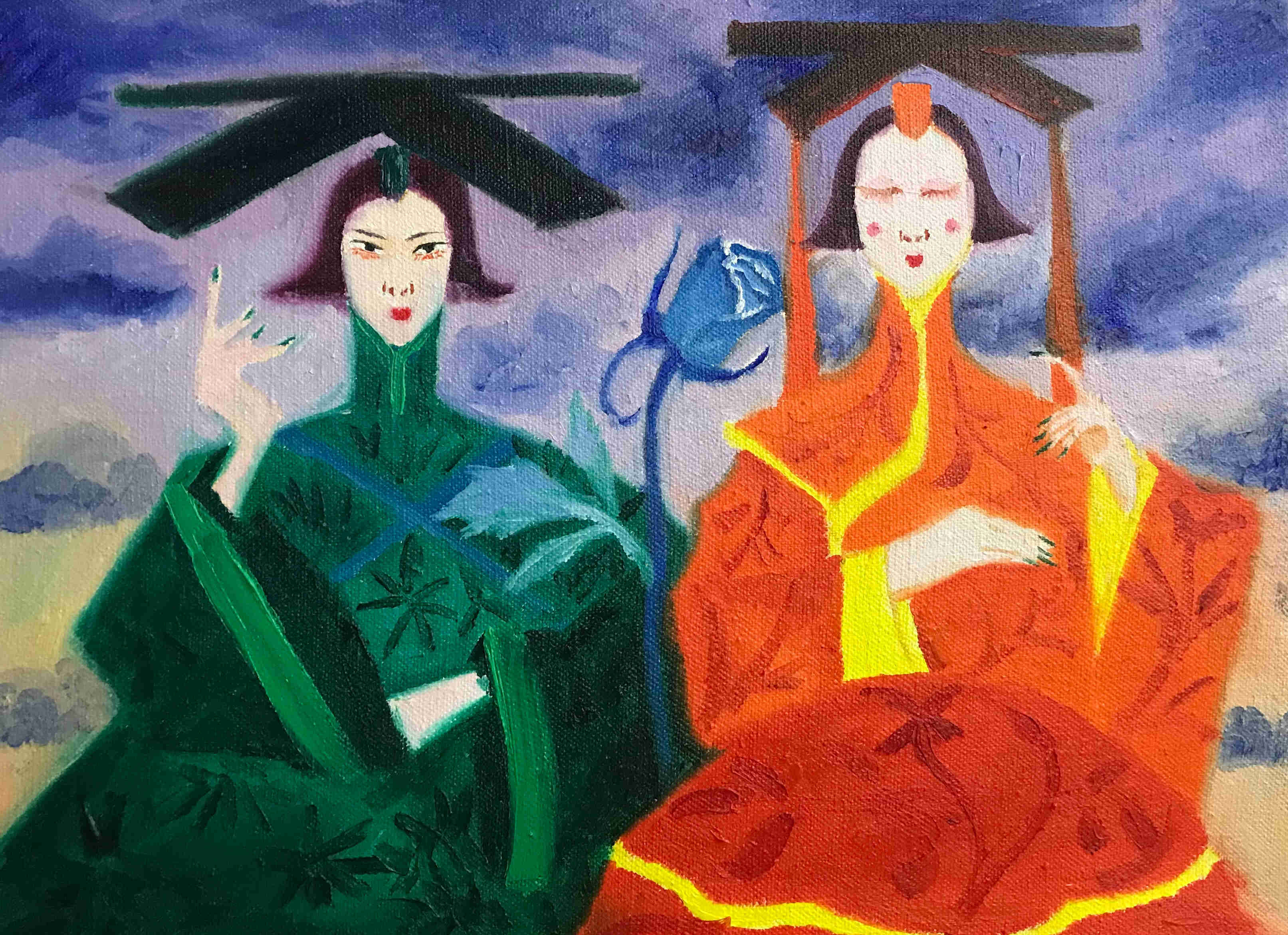 two meditating asian female scholars one in green robe and one in orange robe black hats