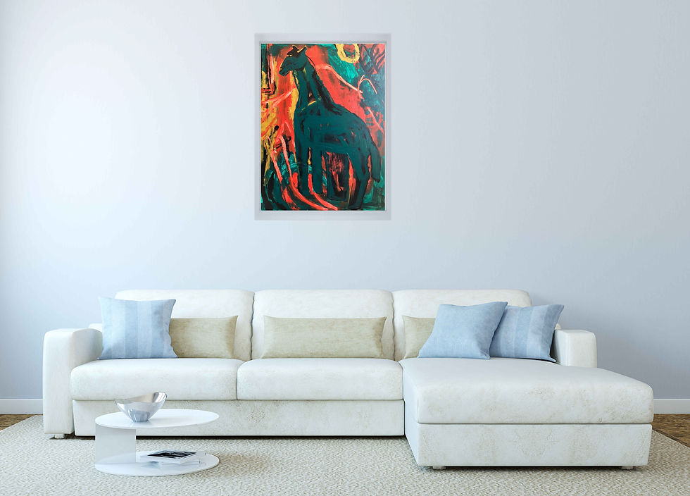 painting on light gray wall above large L shaped white sofa round coffee table in front