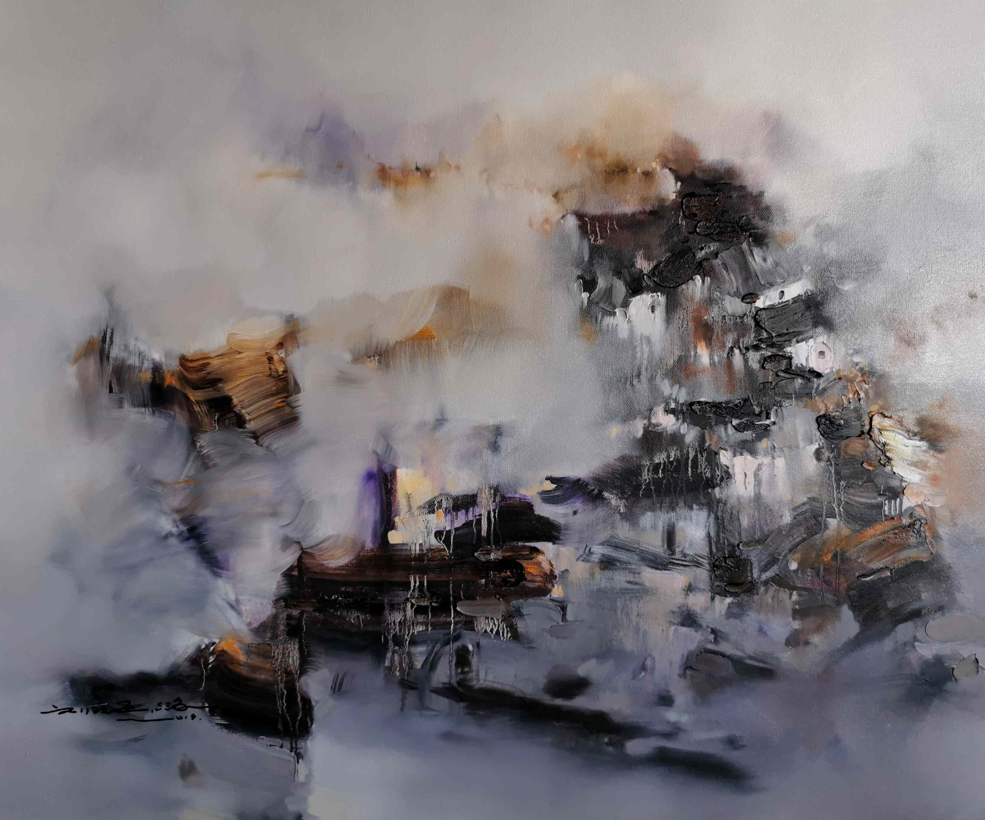abstract painting mostly white cloud-like black spread from bottom right to middle tan spread throughout