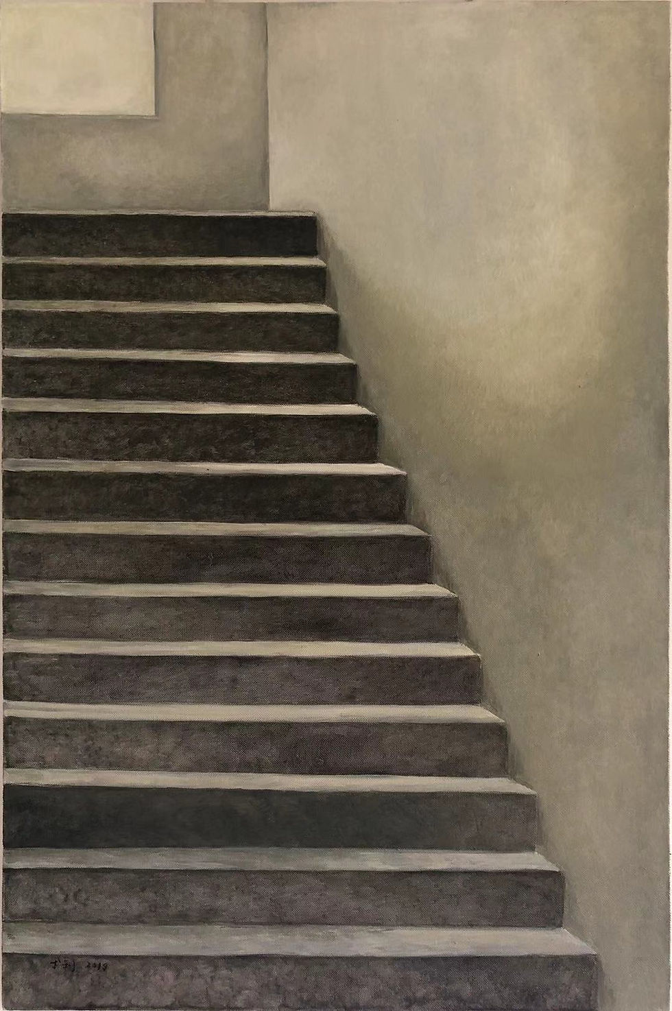 brown stairs with sunlight shining on the right wall no the stairs when looking from bottom