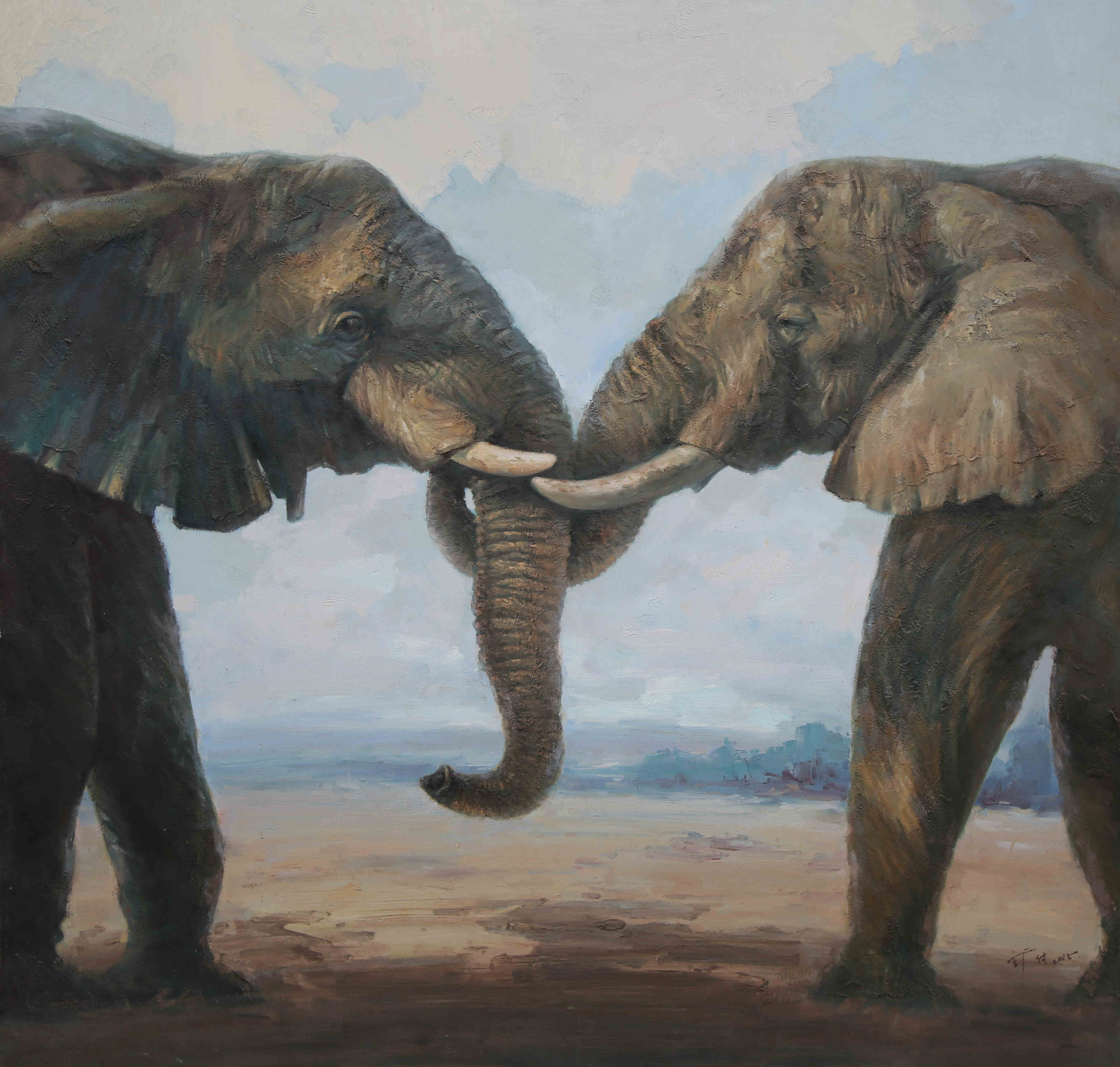 blue sky in open grasslands two large elephants holding each other's trunks as if in love