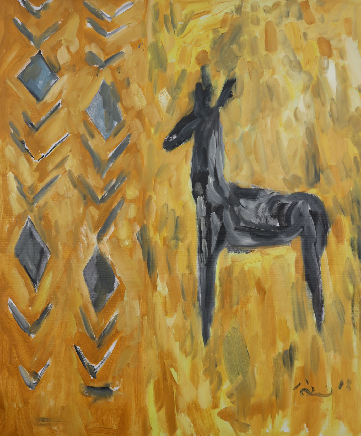 Abstract yellow background black dear on right then gray black chevrons diamonds pointing down