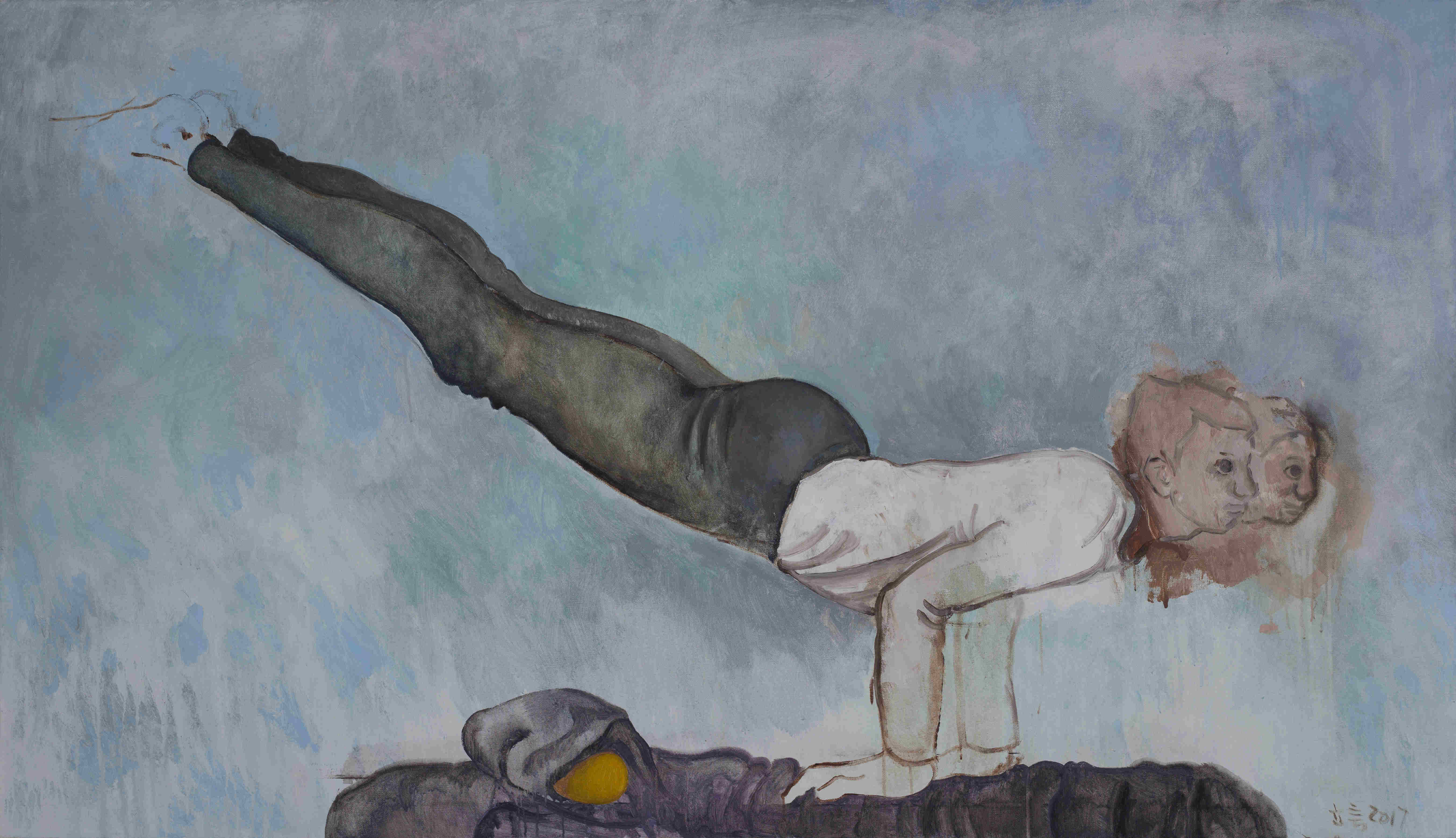 Man white shirt brown pants with two heads balancing horizontally on hands on dark gray object